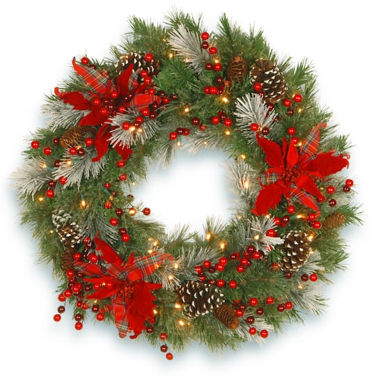 30&#x22; Pre-Lit Decorative Collection Cones, Red Berries &#x26; Poinsettias Tartan Plaid Wreath With Warm White LED Lights